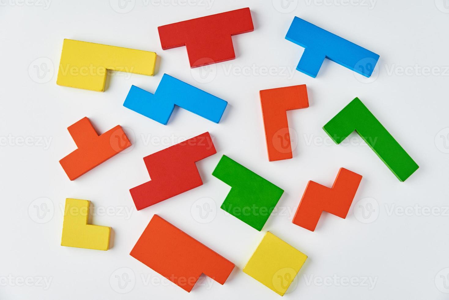 Different wooden blocks on white background. photo