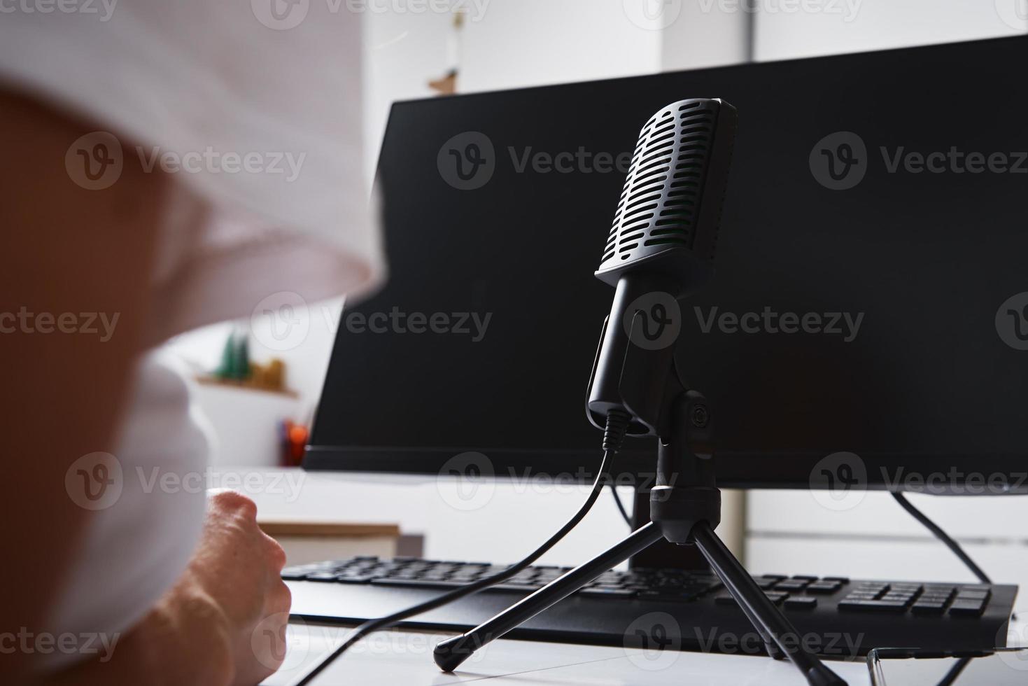 Podcast concept. Woman recording online course photo