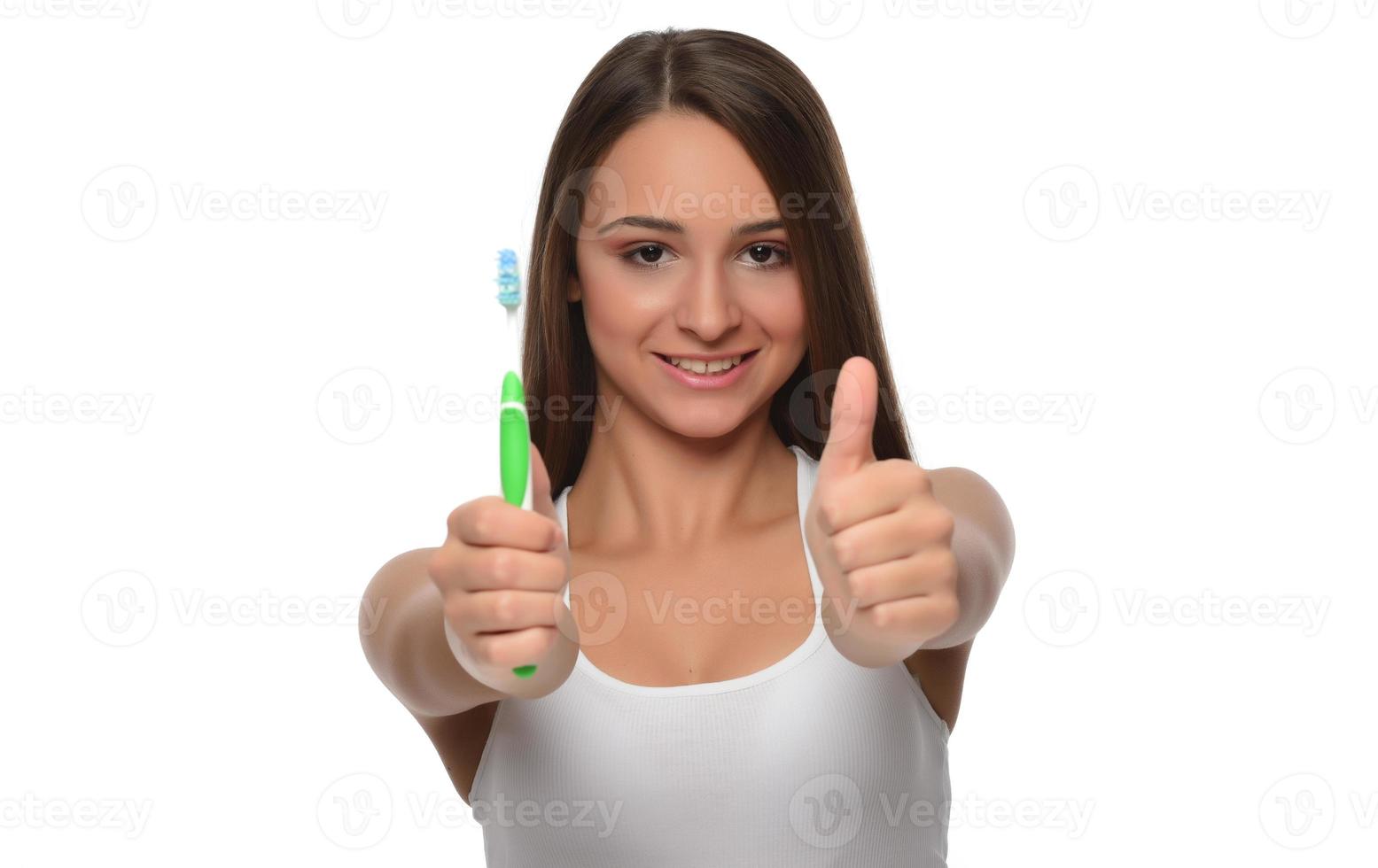 Young woman holding a teeth brush photo