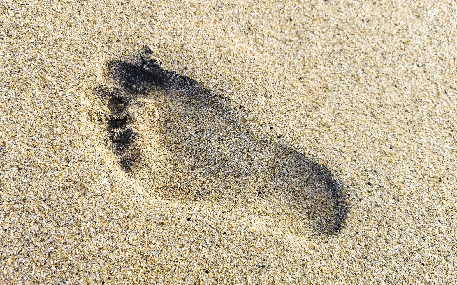 Footprint footprints on the beach sand by the water Mexico. photo