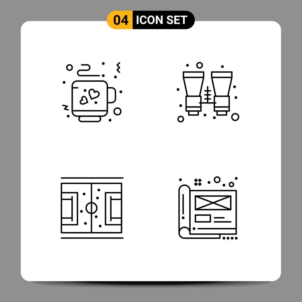 conjunto moderno de 4 pictografías de colores planos de línea de relleno de elementos de diseño vectorial editables de partido de viaje binocular de juegos de café vector