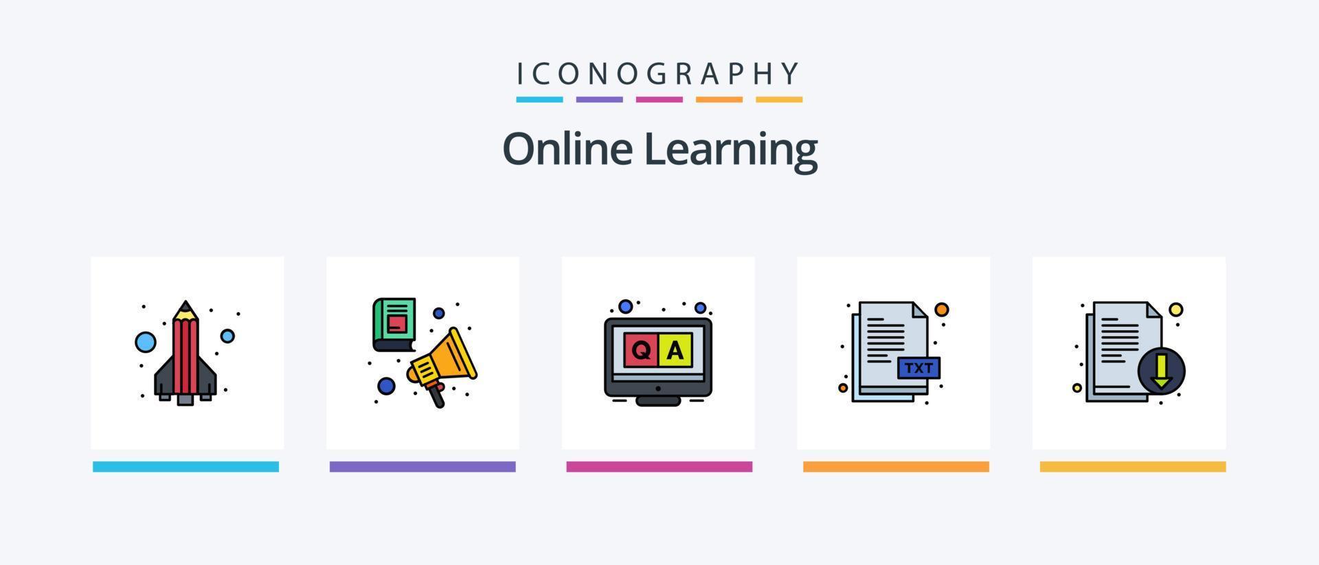 Online Learning Line Filled 5 Icon Pack Including rocket. pen. book. launch. globe. Creative Icons Design vector
