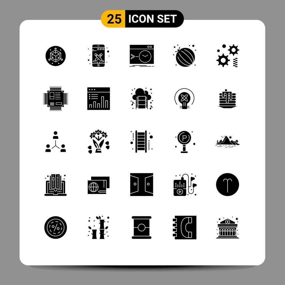 Editable Vector Line Pack of 25 Simple Solid Glyphs of gear cogwheel command vegetable food Editable Vector Design Elements