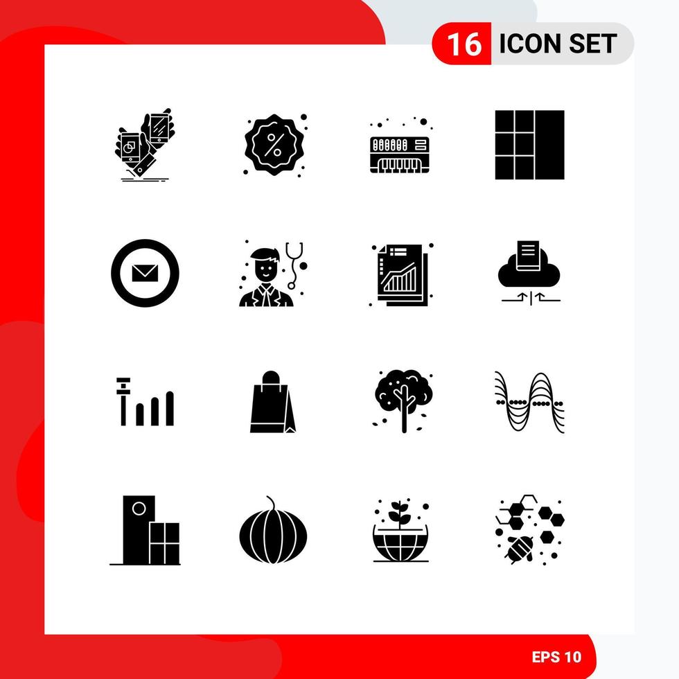 Universal Icon Symbols Group of 16 Modern Solid Glyphs of stamps ribbon shopping mail grid Editable Vector Design Elements