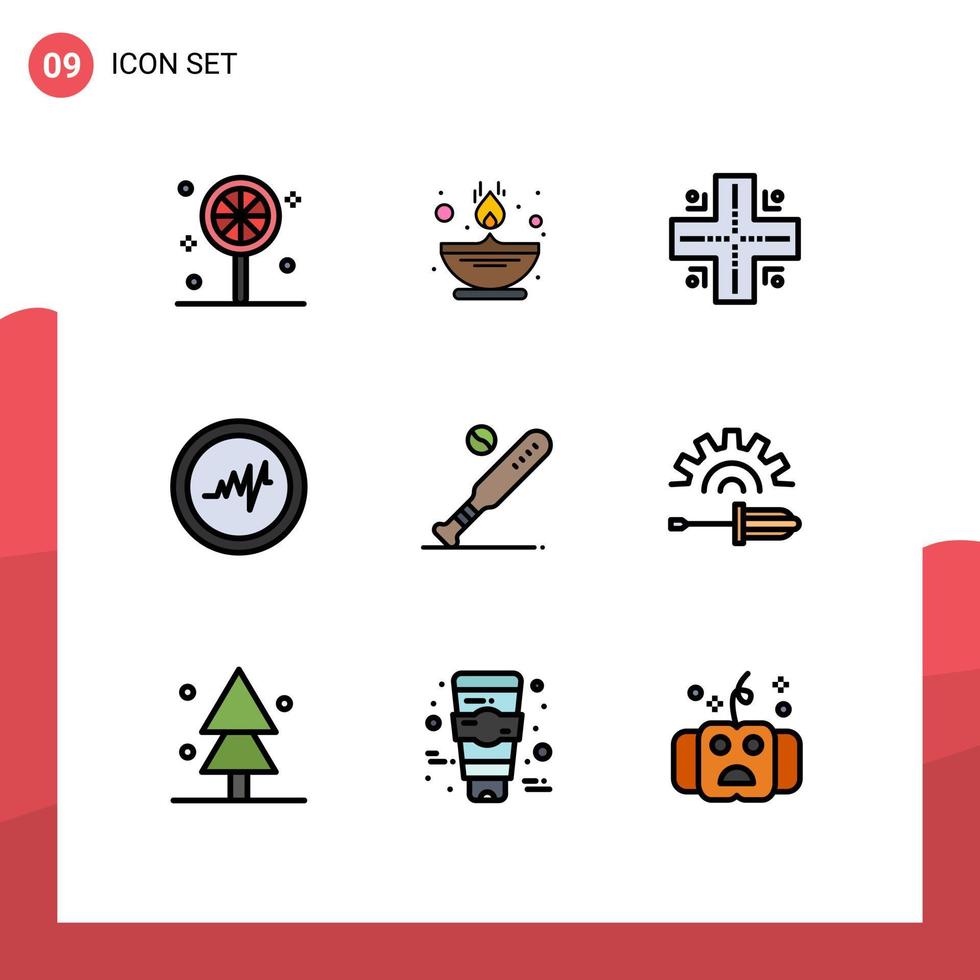 9 User Interface Filledline Flat Color Pack of modern Signs and Symbols of screw driver sports location bat ball Editable Vector Design Elements