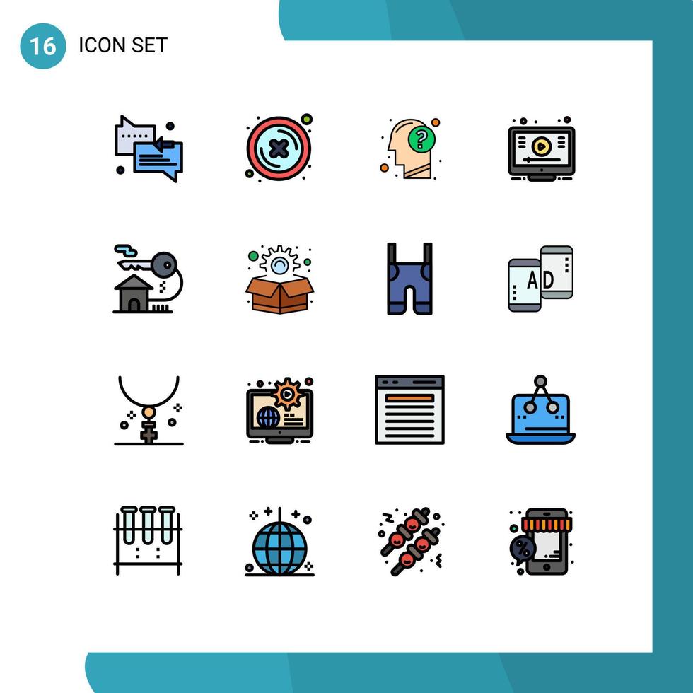 paquete de líneas llenas de color plano de 16 símbolos universales de respuesta de video doméstico elementos de diseño de vectores creativos editables en línea