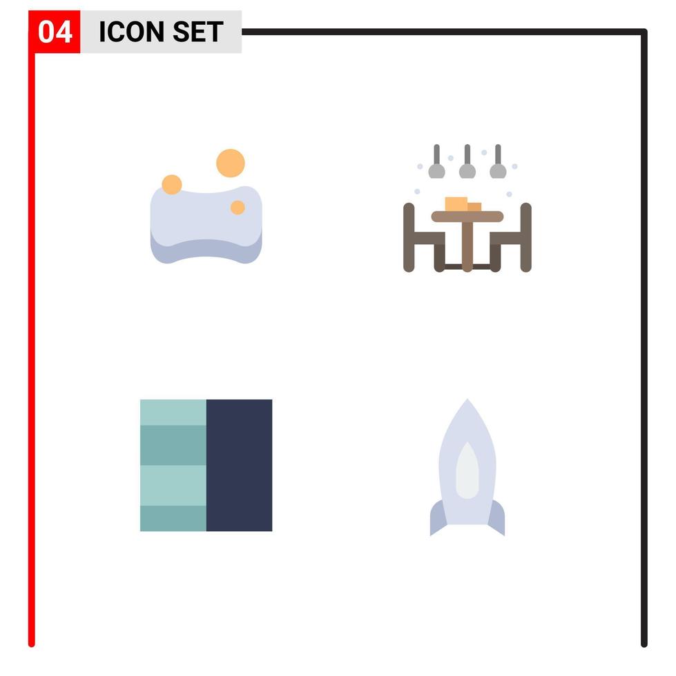 Group of 4 Modern Flat Icons Set for cleaning rocket home dinner speedup Editable Vector Design Elements