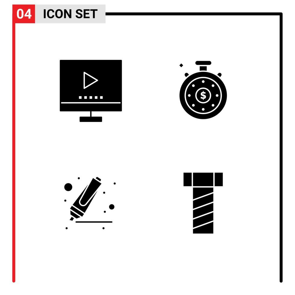 Solid Glyph Pack of 4 Universal Symbols of devices highlighter tv investment time bolt Editable Vector Design Elements