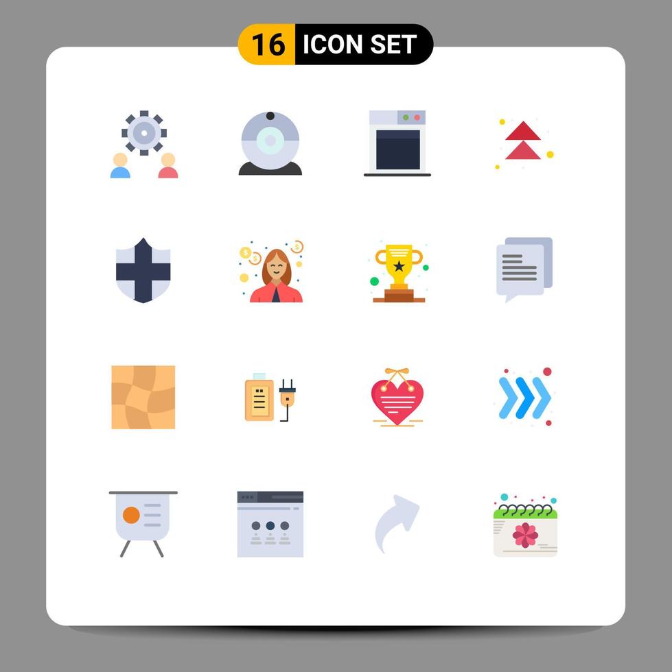 User Interface Pack of 16 Basic Flat Colors of shield protection business up forward Editable Pack of Creative Vector Design Elements