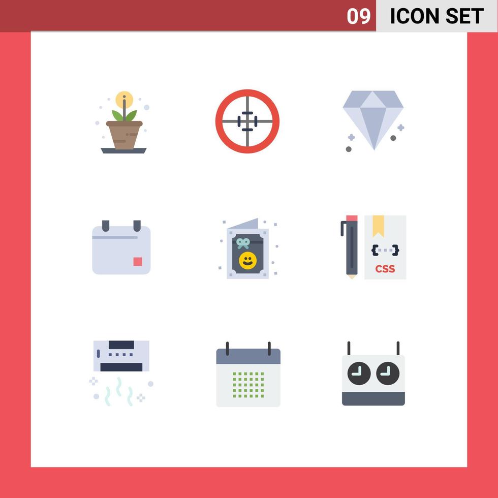 Pictogram Set of 9 Simple Flat Colors of invitation birthday diamond date film Editable Vector Design Elements