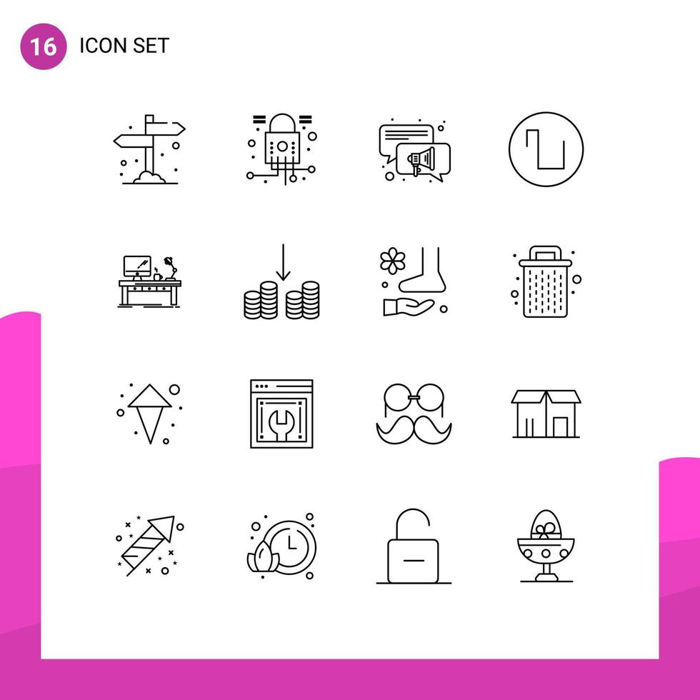 16 User Interface Outline Pack of modern Signs and Symbols of desk business conversation workplace square Editable Vector Design Elements