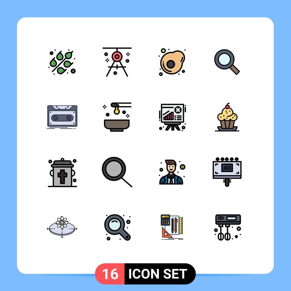 Modern Set of 16 Flat Color Filled Lines Pictograph of record cassette breakfast find search Editable Creative Vector Design Elements