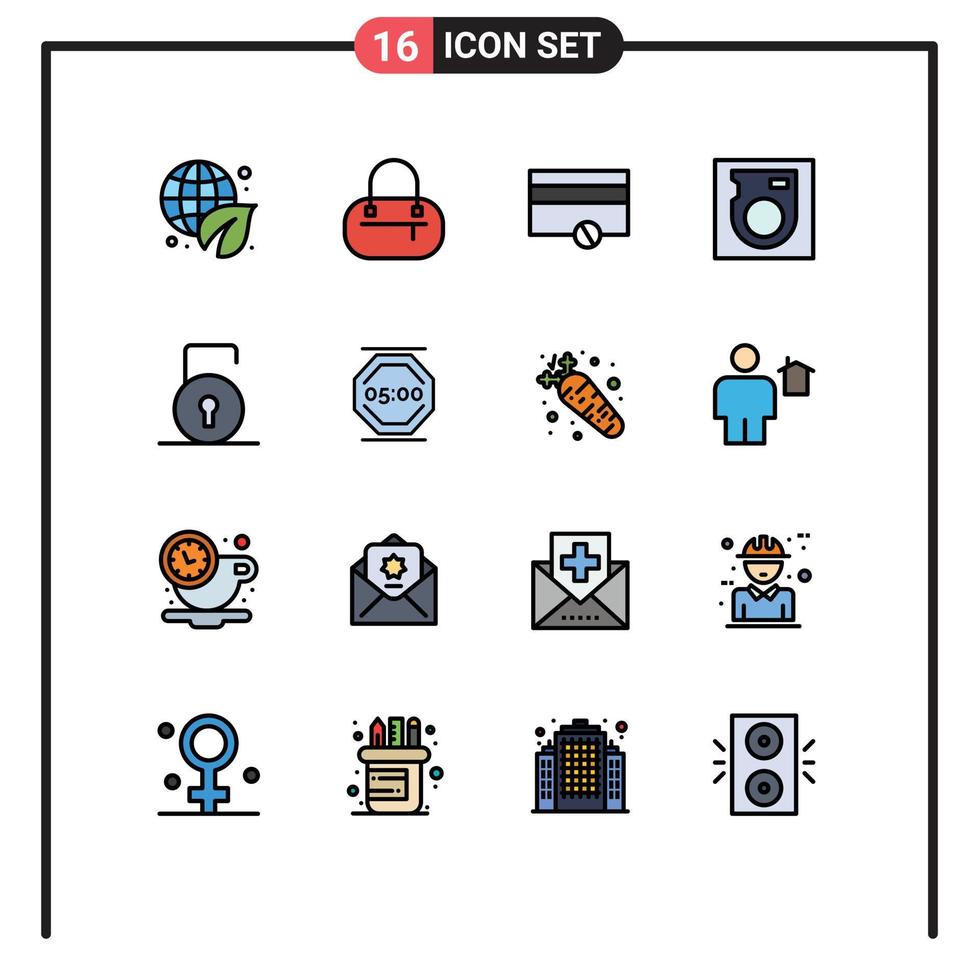 Pack of 16 Modern Flat Color Filled Lines Signs and Symbols for Web Print Media such as rest security payments protect key Editable Creative Vector Design Elements