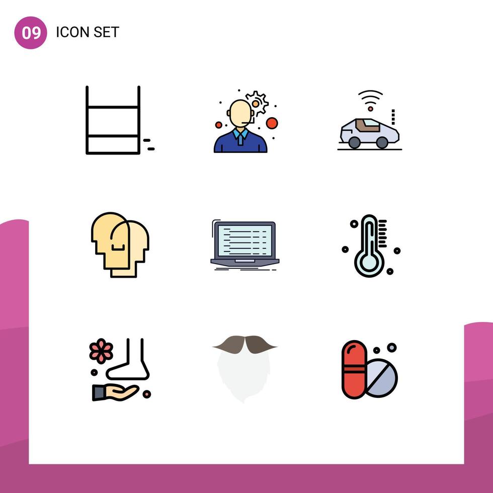 símbolos de iconos universales grupo de 9 colores planos de línea de relleno modernos de codificación api sentimientos de automóviles elementos de diseño de vectores editables humanos