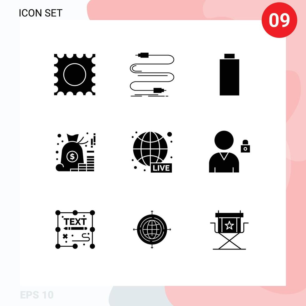 9 Universal Solid Glyphs Set for Web and Mobile Applications news broadcasting empty saving management Editable Vector Design Elements