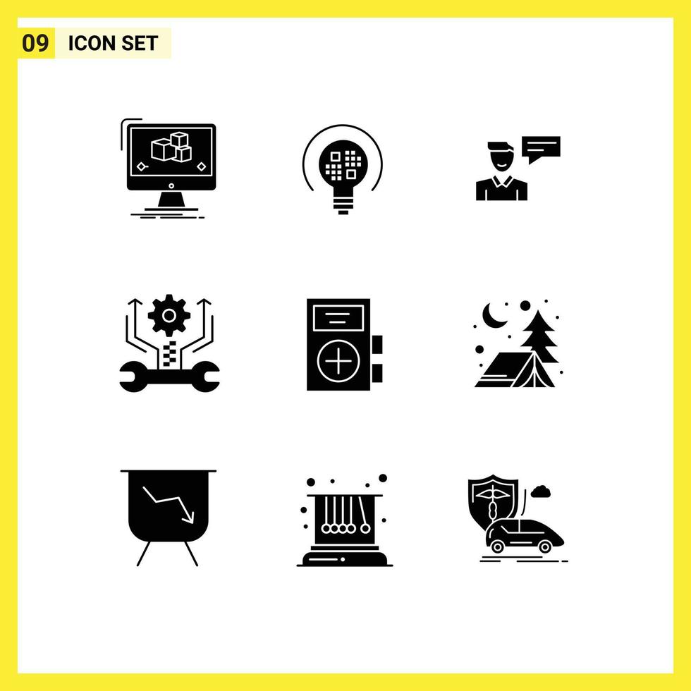 Set of 9 Vector Solid Glyphs on Grid for tools gear bulb control man Editable Vector Design Elements