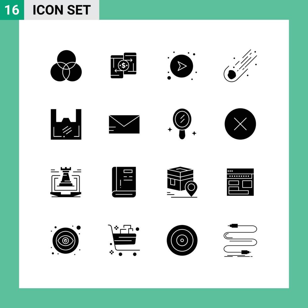 Pictogram Set of 16 Simple Solid Glyphs of comet meteor phone astronomy right Editable Vector Design Elements