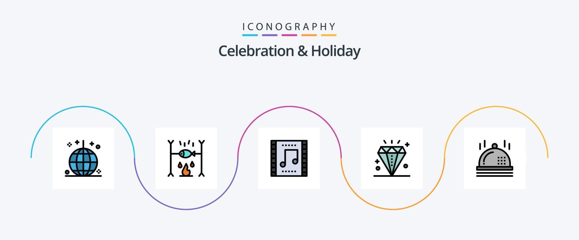 Celebration and Holiday Line Filled Flat 5 Icon Pack Including holiday. diamond. vacation. celebration. music concert vector