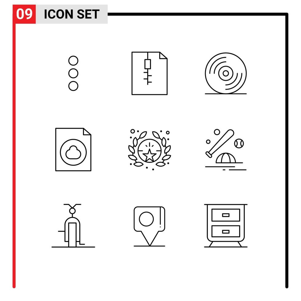 paquete de 9 signos y símbolos de contornos modernos para medios de impresión web, como elementos de diseño de vectores editables del premio estrella de la música de béisbol de murciélagos