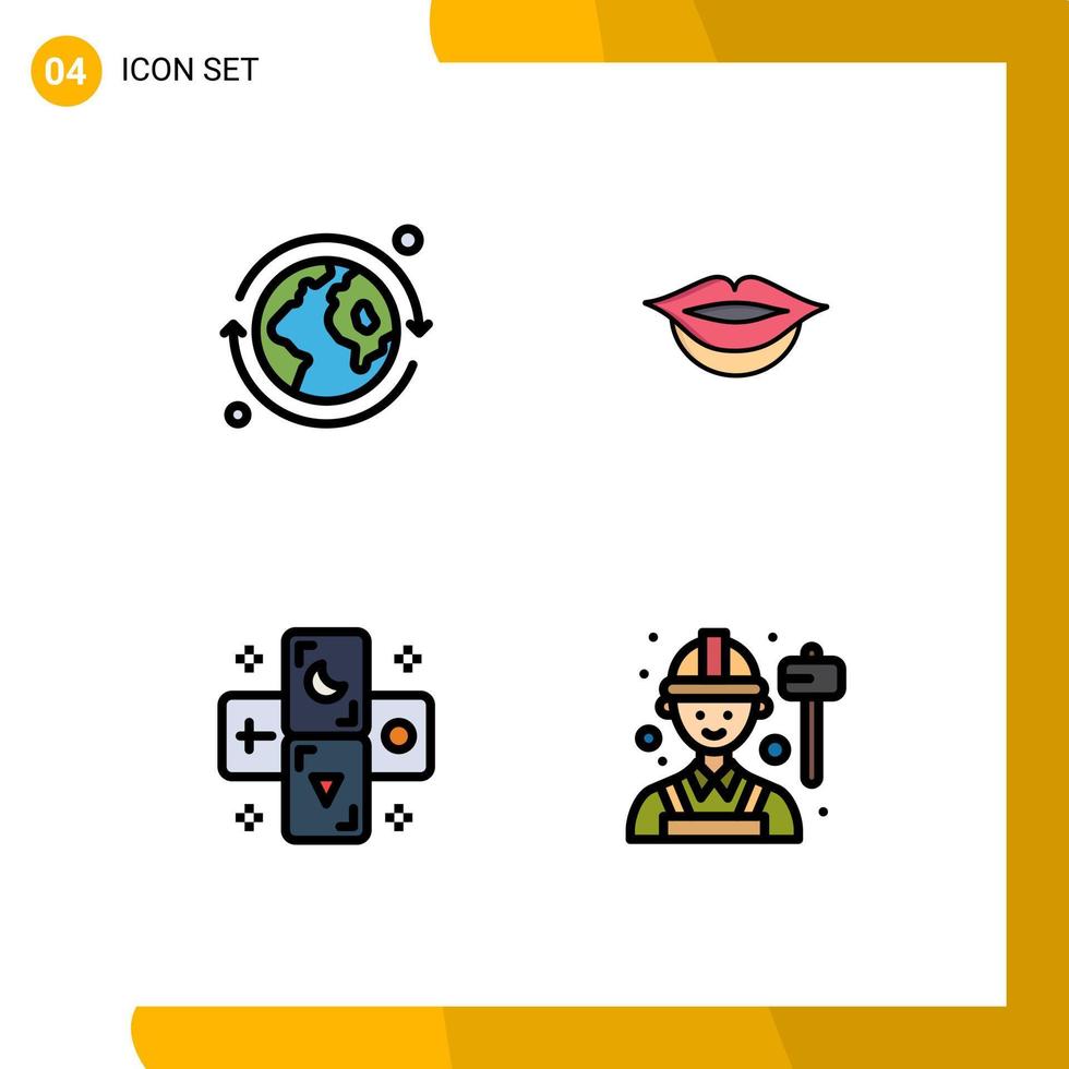 4 Universal Filledline Flat Color Signs Symbols of earth employee lips horoscope worker Editable Vector Design Elements