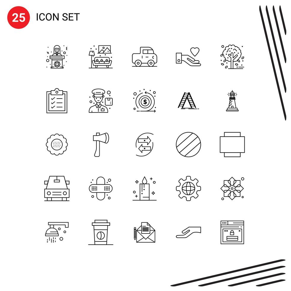 User Interface Pack of 25 Basic Lines of tree autumn image love hand Editable Vector Design Elements