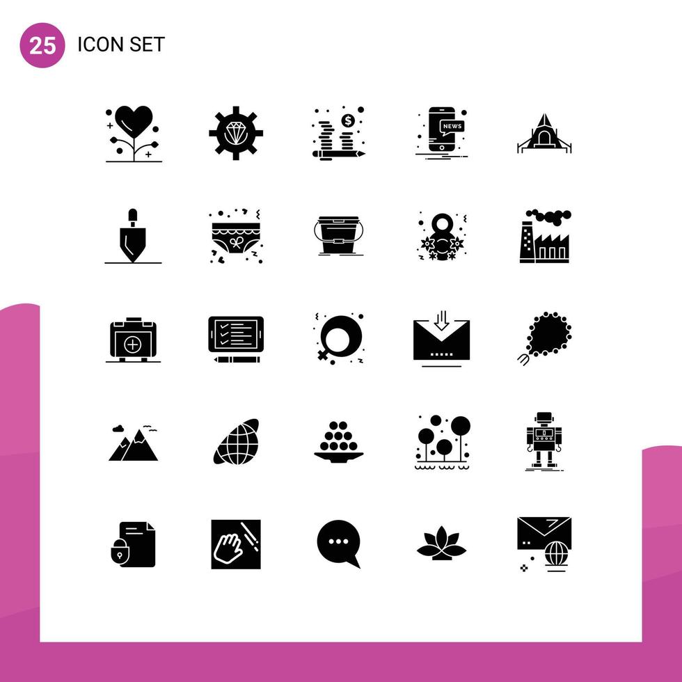 User Interface Pack of 25 Basic Solid Glyphs of camping news process mobile investment Editable Vector Design Elements