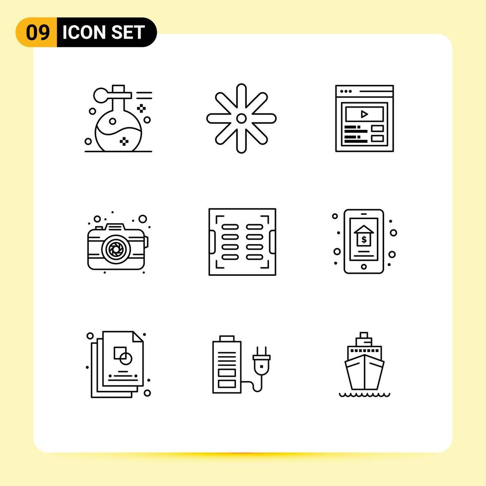 Outline Pack of 9 Universal Symbols of construction lens custom content photography camera Editable Vector Design Elements