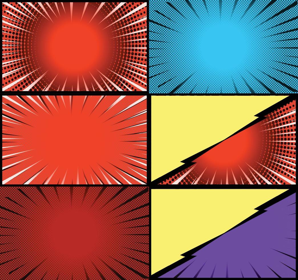 Comic book colorful frames background with halftone rays radial and dotted effects pop art style vector