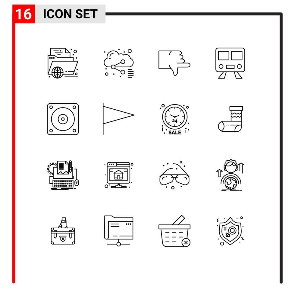 Universal Icon Symbols Group of 16 Modern Outlines of train railway share maps thumbs Editable Vector Design Elements