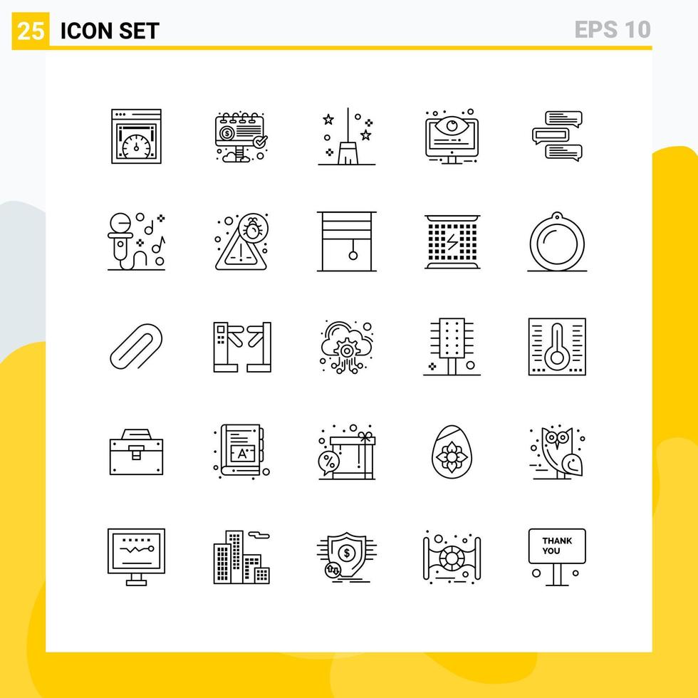 paquete de línea de 25 símbolos universales de opciones de chat configuración de monitoreo de escoba elementos de diseño vectorial editables vector