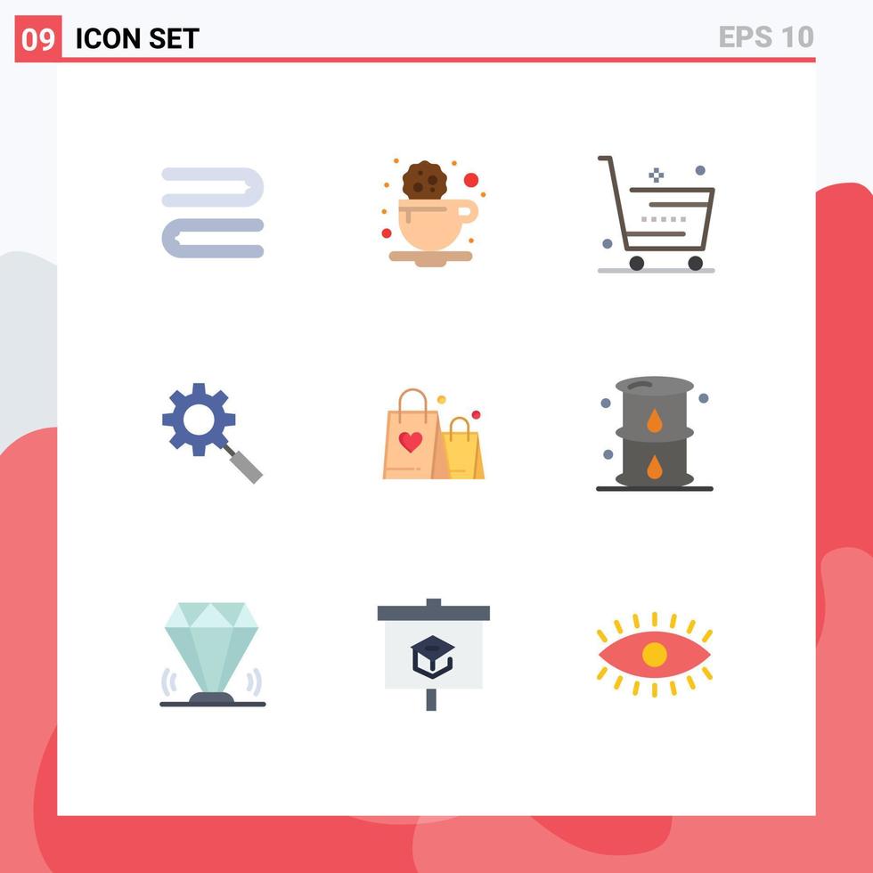 9 User Interface Flat Color Pack of modern Signs and Symbols of love setting ecommerce gear search Editable Vector Design Elements