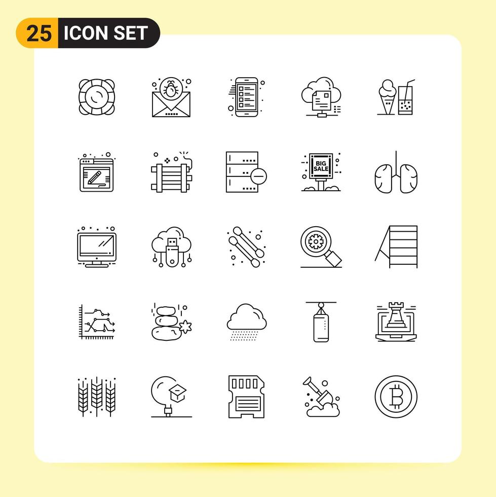Mobile Interface Line Set of 25 Pictograms of document online message sharing list Editable Vector Design Elements