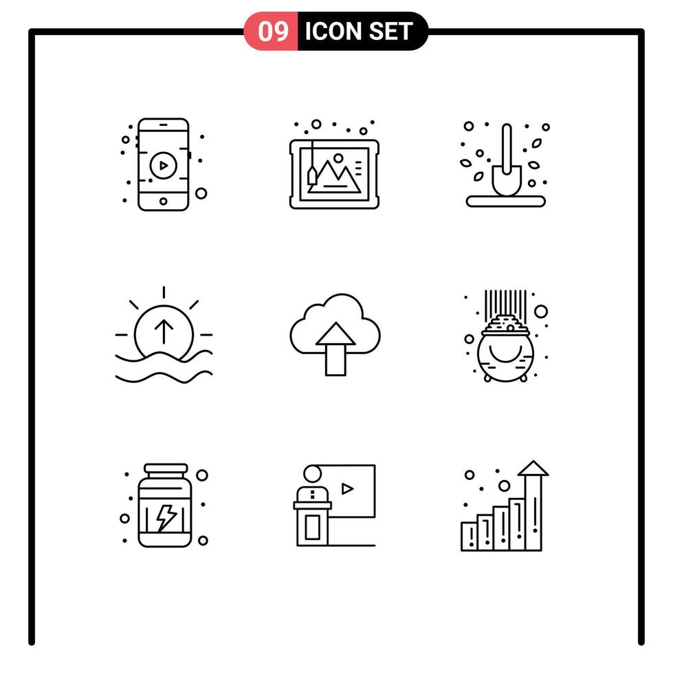 Editable Vector Line Pack of 9 Simple Outlines of arrow shine farm sea day Editable Vector Design Elements