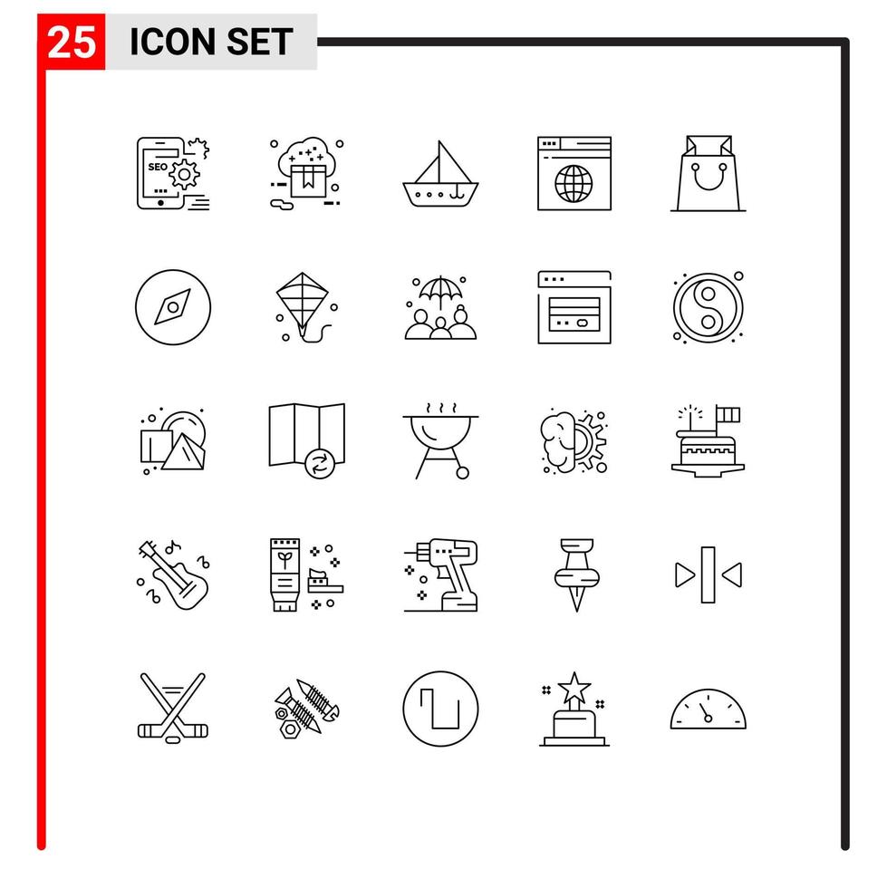 Pictogram Set of 25 Simple Lines of server internet store yacht ship Editable Vector Design Elements