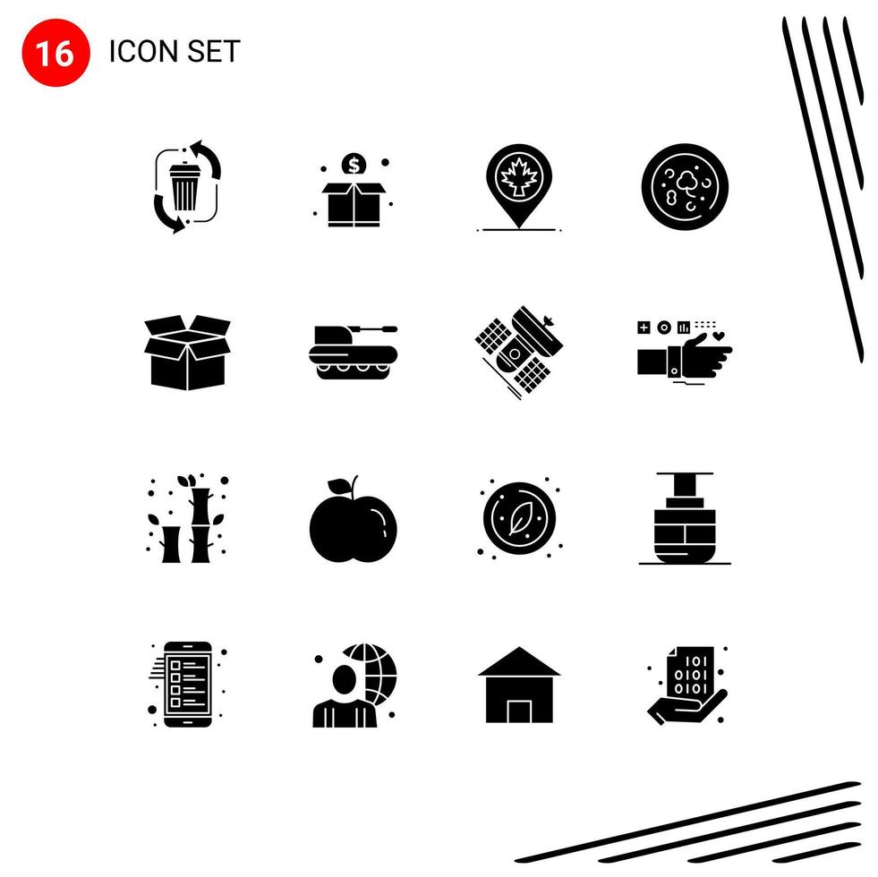 User Interface Pack of 16 Basic Solid Glyphs of cargo drink money food leaf Editable Vector Design Elements