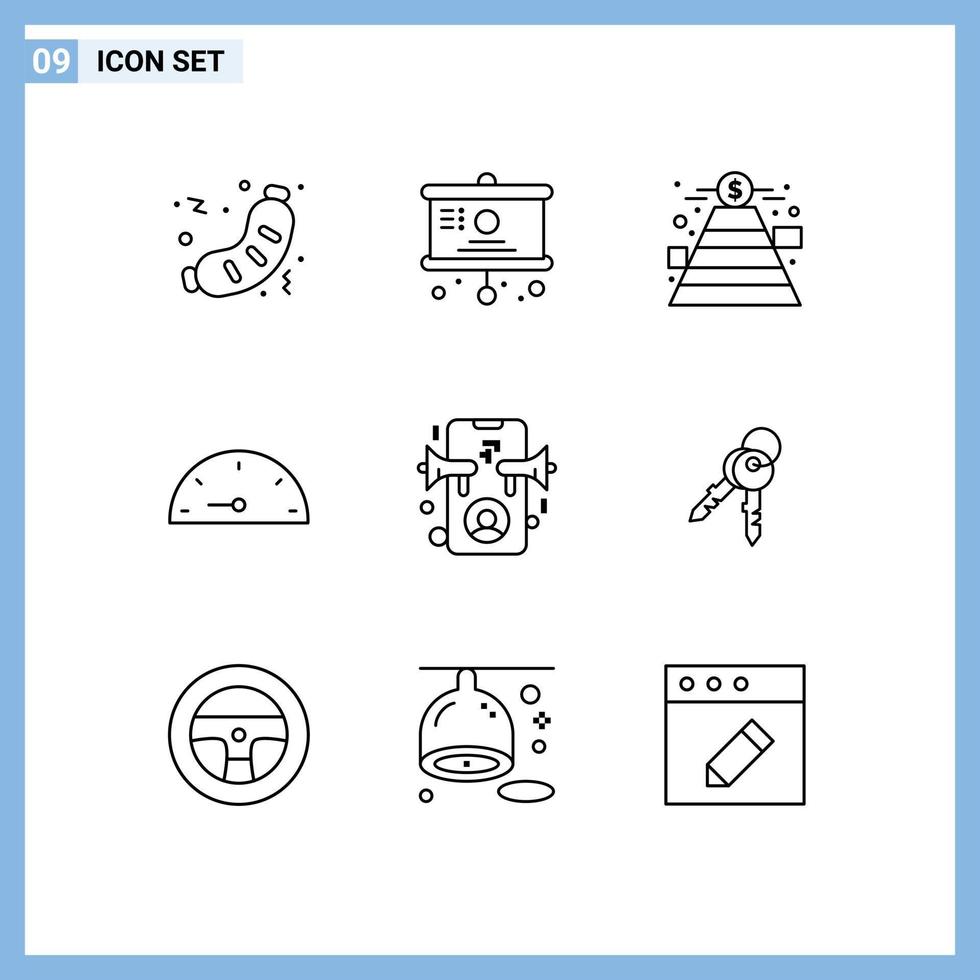 Pictogram Set of 9 Simple Outlines of advertising performance presentation gauge money Editable Vector Design Elements