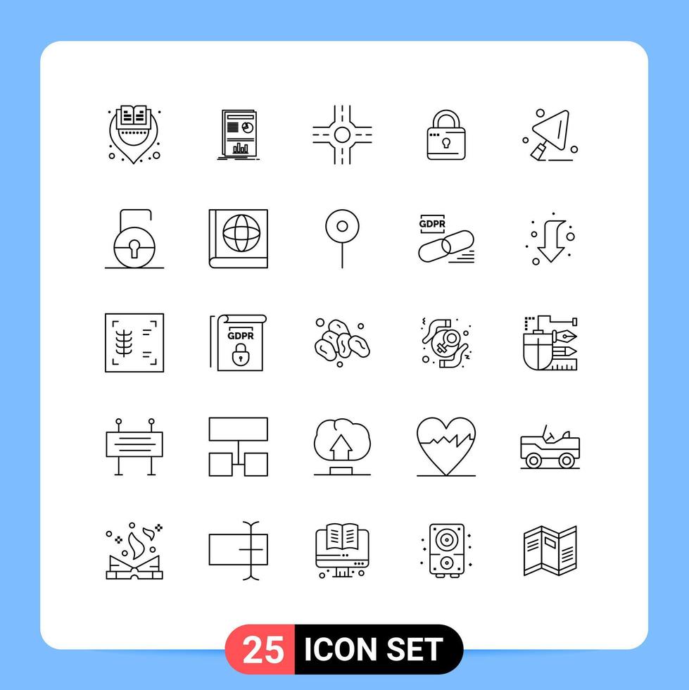 Mobile Interface Line Set of 25 Pictograms of lock pad construction worker crossroad construction tools security Editable Vector Design Elements