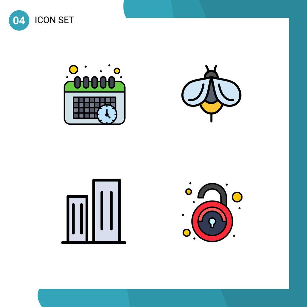 Modern Set of 4 Filledline Flat Colors and symbols such as calendar business bee bug skyscrapers Editable Vector Design Elements