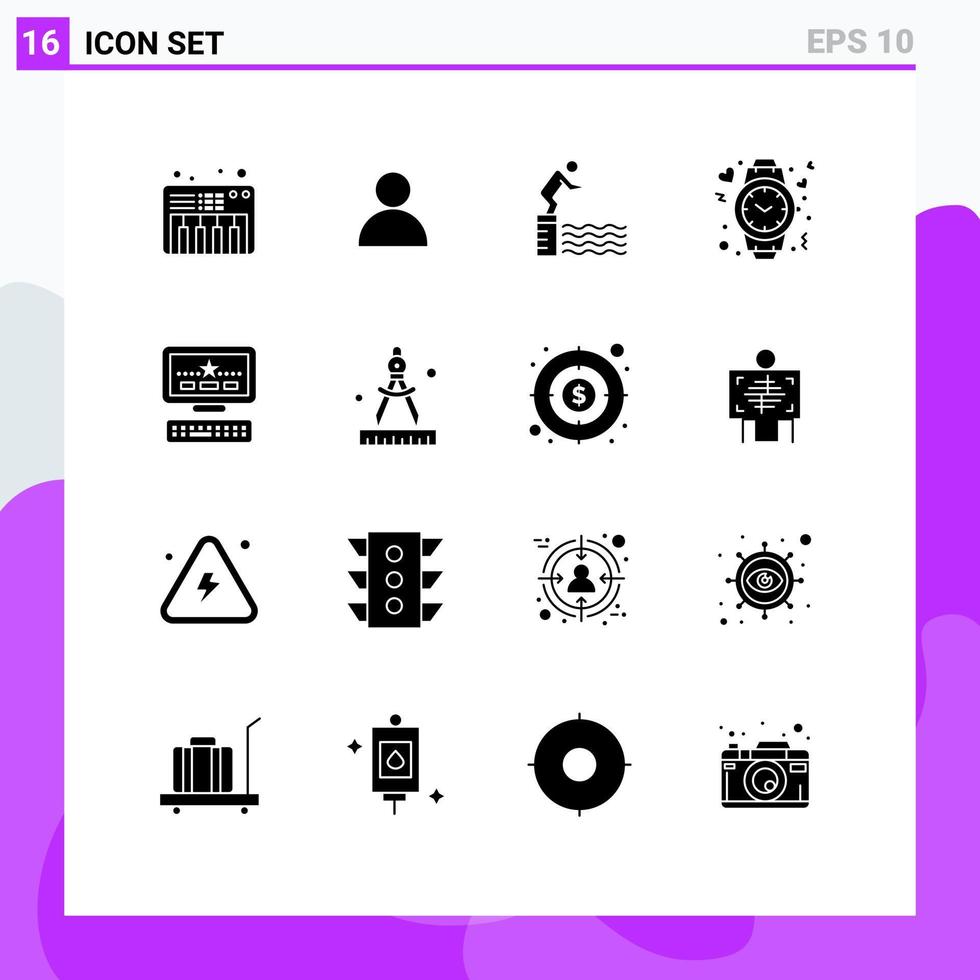 16 Thematic Vector Solid Glyphs and Editable Symbols of star watch platform time like Editable Vector Design Elements