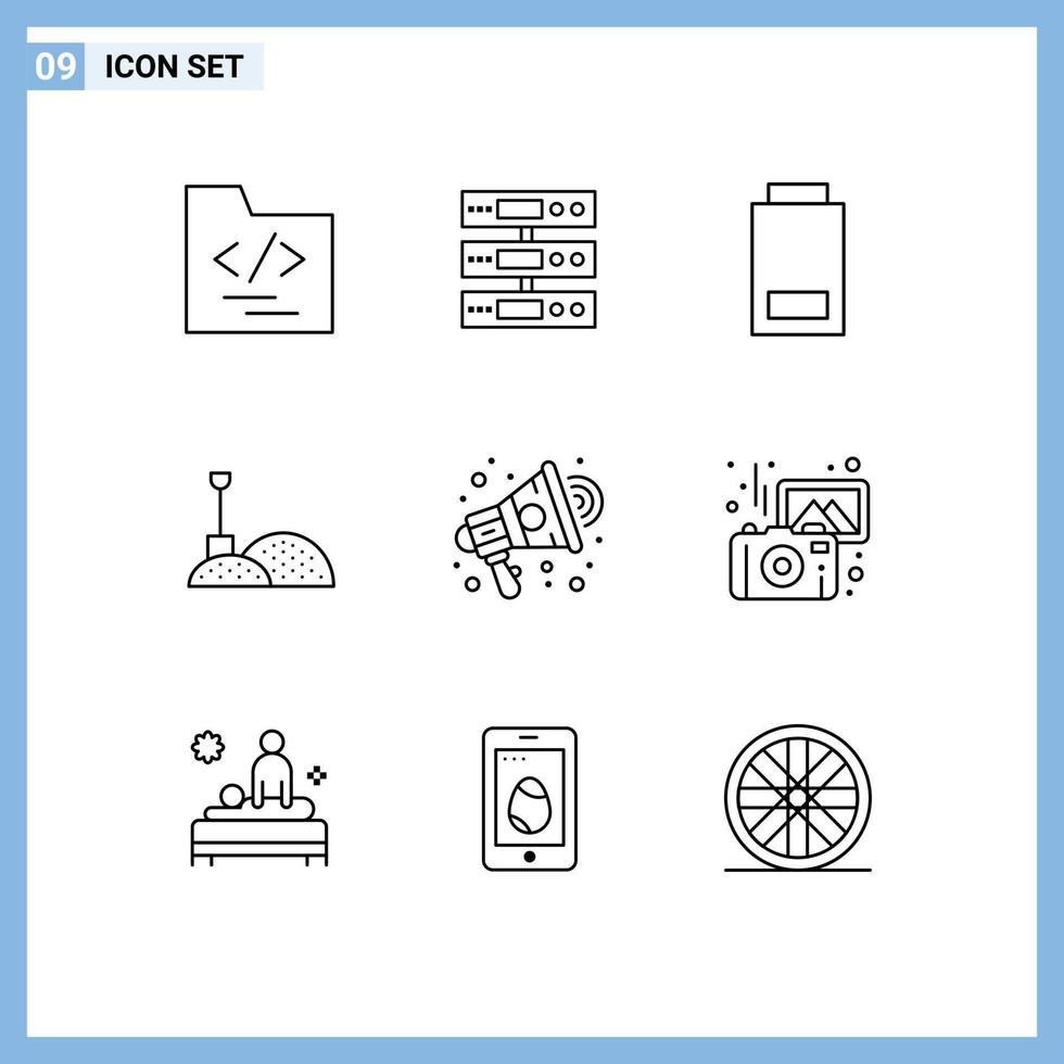 Outline Pack of 9 Universal Symbols of marketing ads battery tools construction Editable Vector Design Elements
