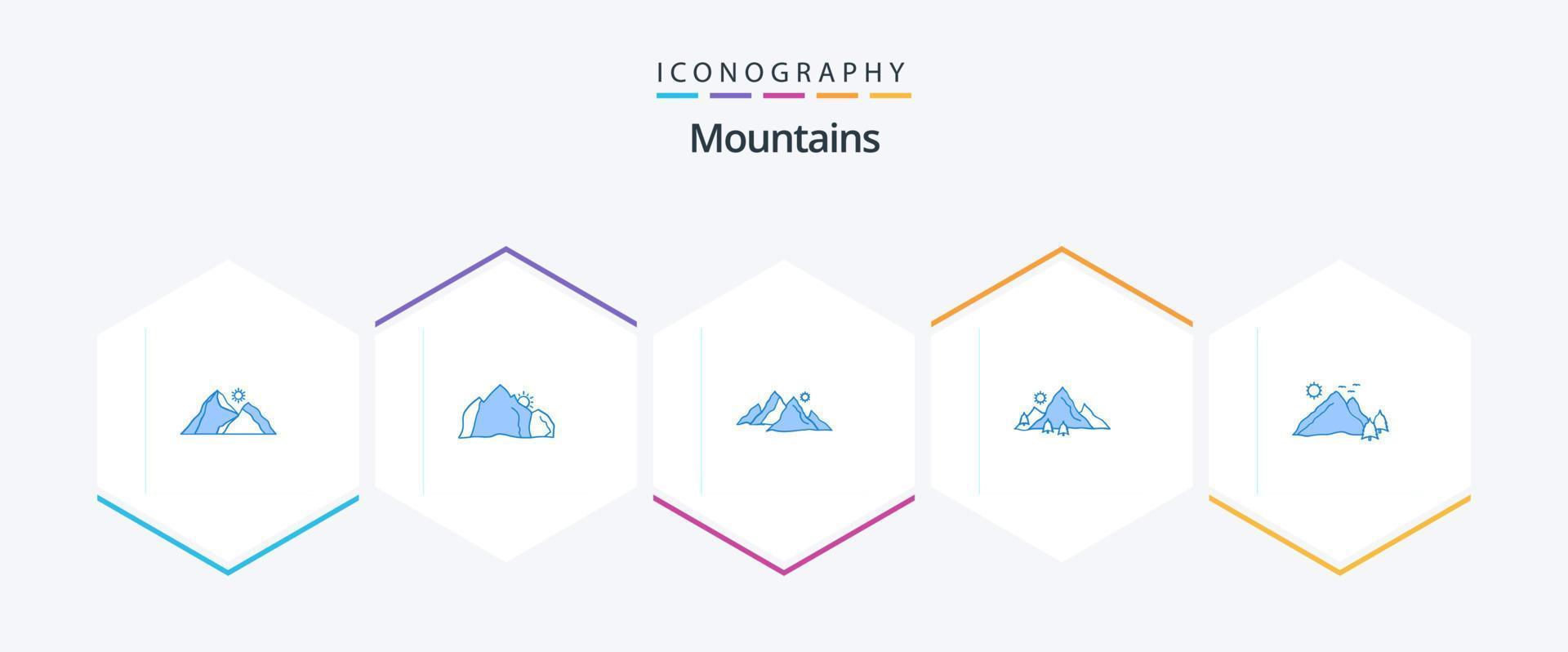 paquete de iconos azules de montañas 25 que incluye colina. montaña. naturaleza. árbol. Cerro vector