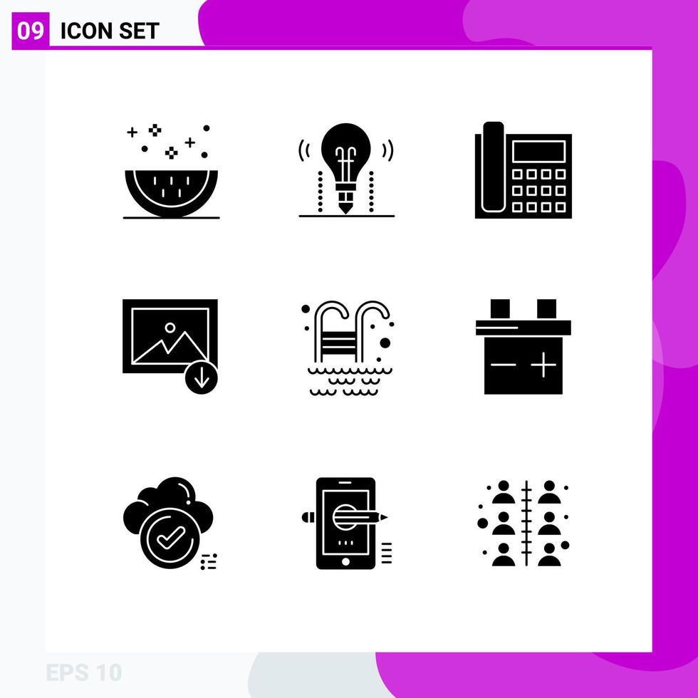 User Interface Pack of 9 Basic Solid Glyphs of mountain download solution conversation contact Editable Vector Design Elements