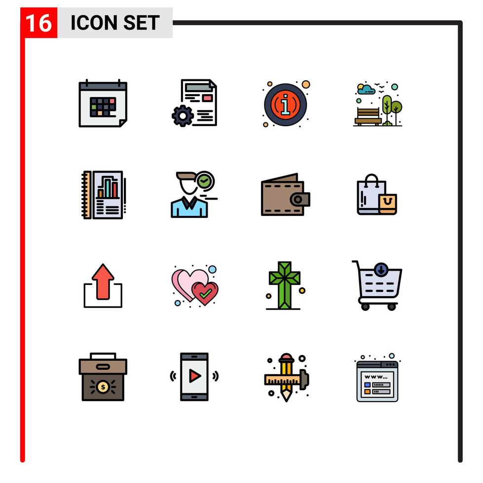 16 Universal Flat Color Filled Line Signs Symbols of tree city config bench details Editable Creative Vector Design Elements