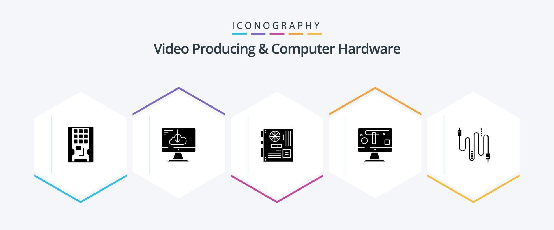 Video Producing And Computer Hardware 25 Glyph icon pack including display. computer. install. motherboard. mainboard vector