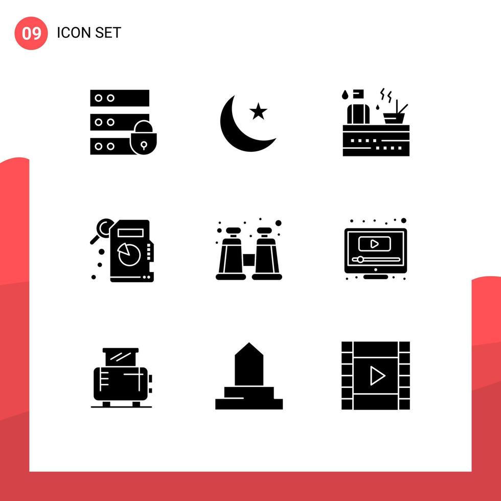 Group of 9 Modern Solid Glyphs Set for computer explore hot binocular descriptive statistics Editable Vector Design Elements
