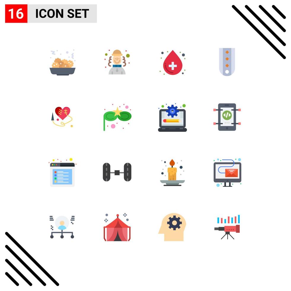 Pack of 16 Modern Flat Colors Signs and Symbols for Web Print Media such as broken heart striped health rank insignia Editable Pack of Creative Vector Design Elements