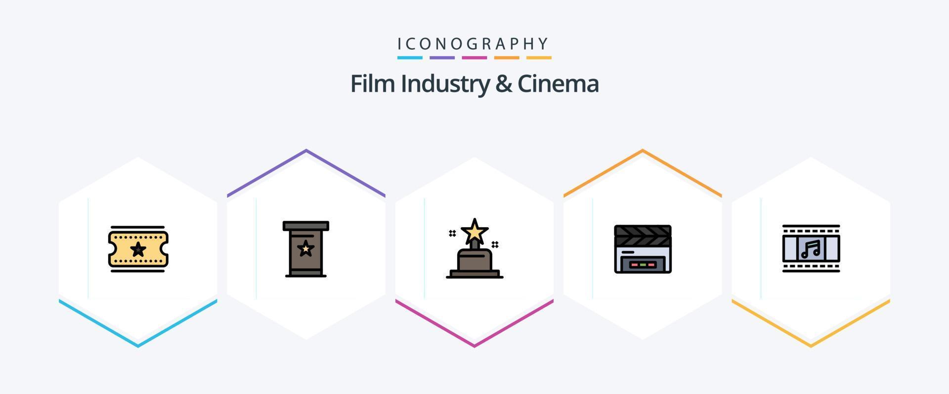 paquete de iconos de 25 líneas completas de cenima que incluye una tira de película. película. cine. animación. claqueta vector