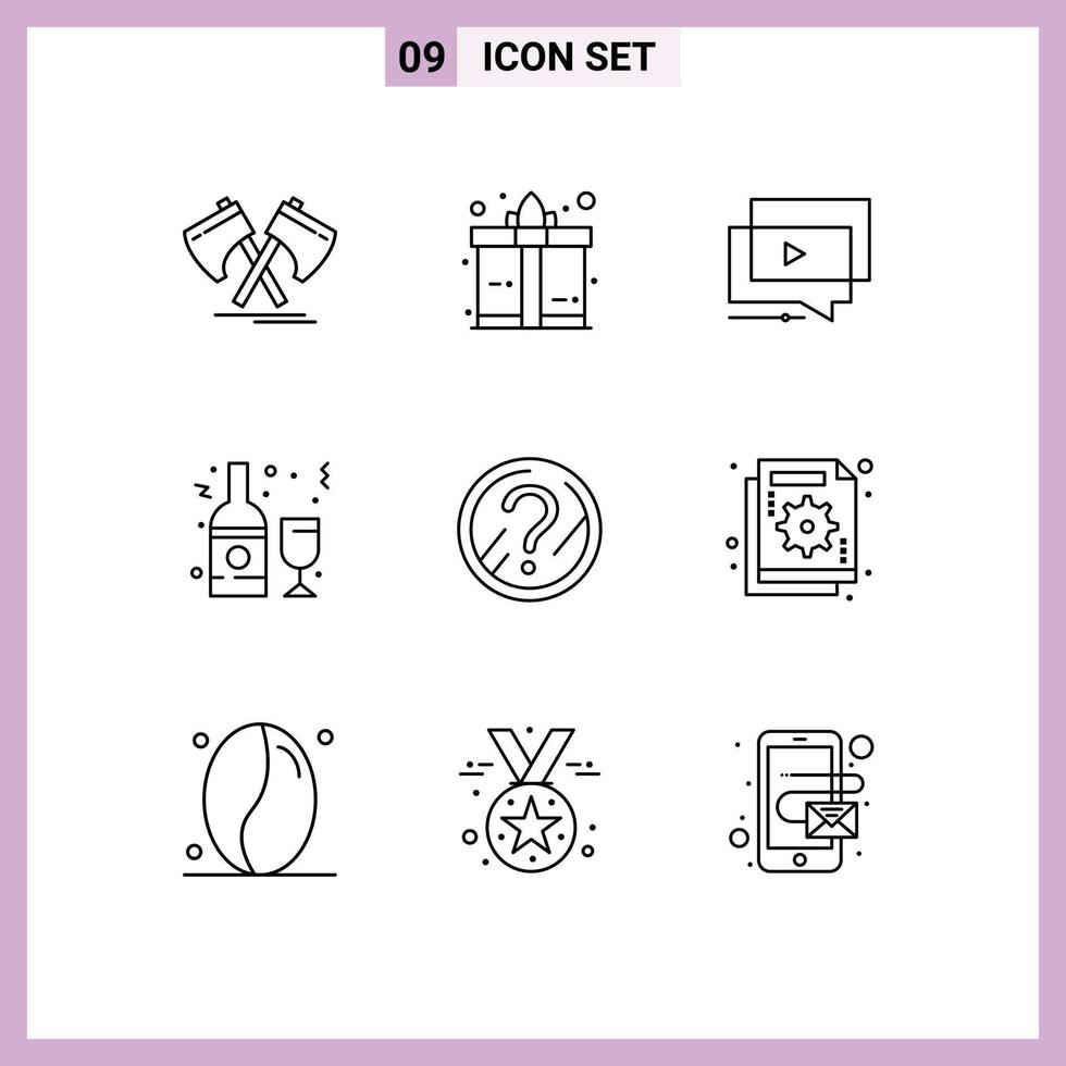 Editable Vector Line Pack of 9 Simple Outlines of wine bottle play drink presentation Editable Vector Design Elements