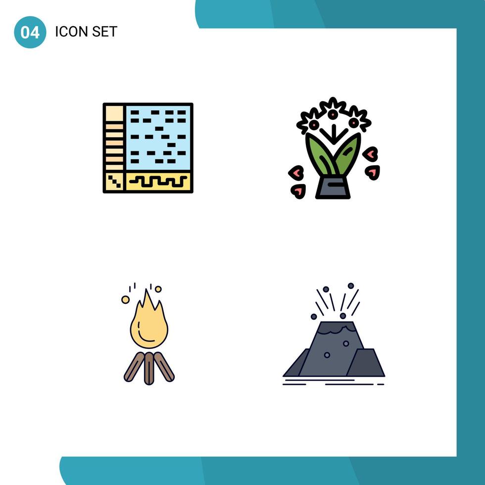 Set of 4 Vector Filledline Flat Colors on Grid for ableton flame computer flower camping Editable Vector Design Elements