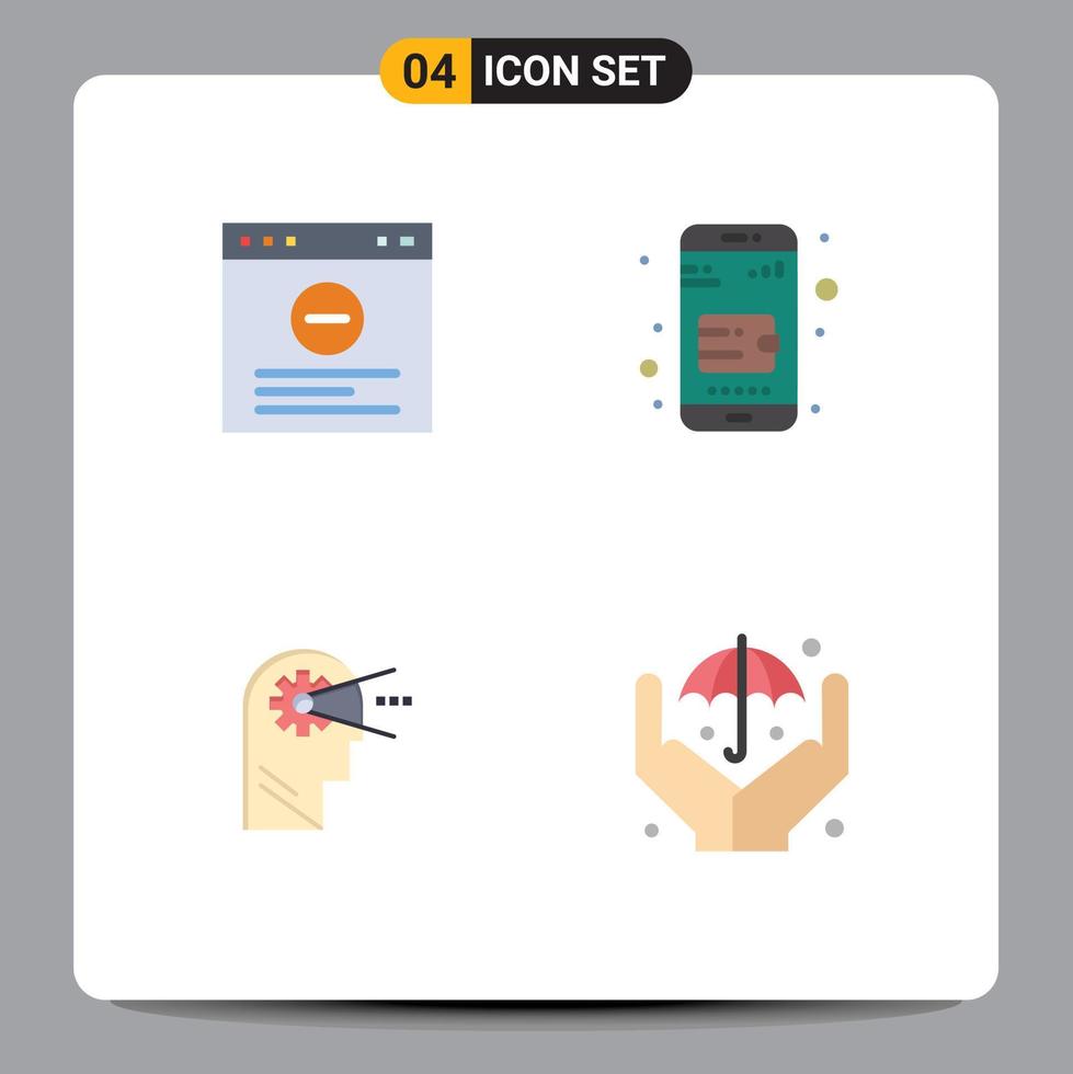 Group of 4 Modern Flat Icons Set for browser head mobile wallet cognitive insurance Editable Vector Design Elements